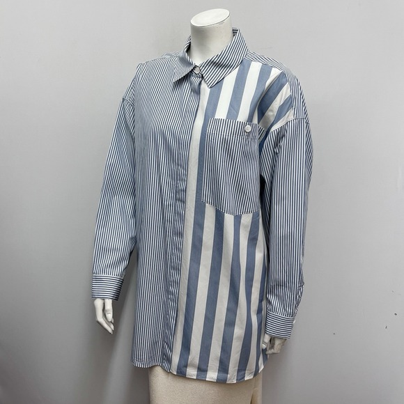 Lafayette 148 New York 100% Cotton Sriped Shirt Top Blue & White Size M/L - Picture 1 of 5